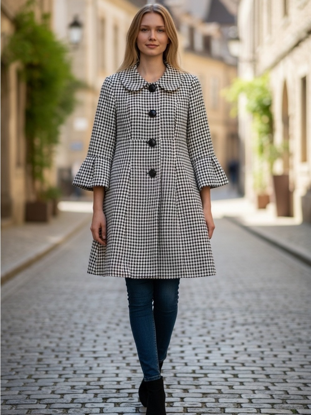Le Suit Black & White Houndstooth A-Line Blazer Coat